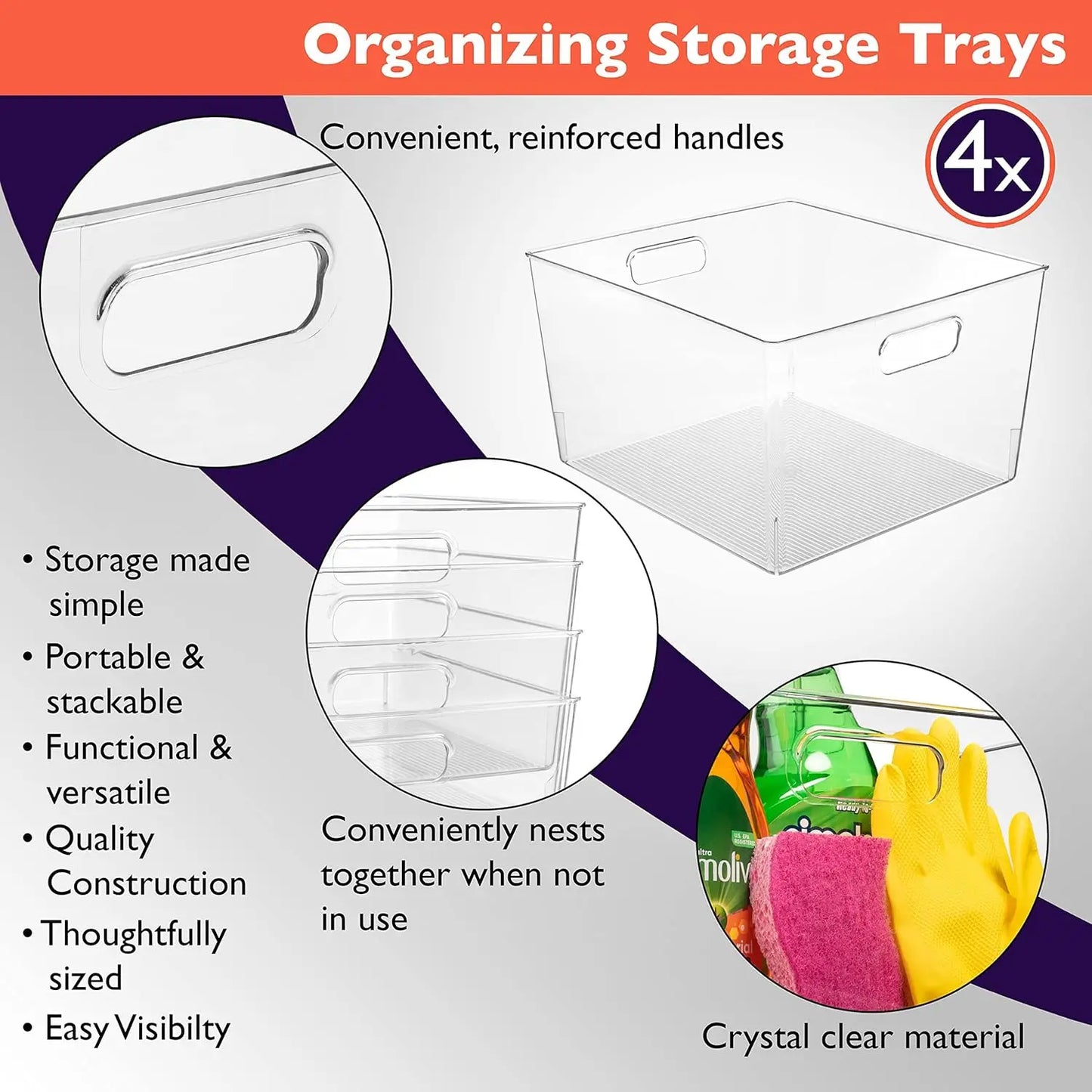 Plastic Storage Bins 4 Pack For Kitchen Pantry Organization