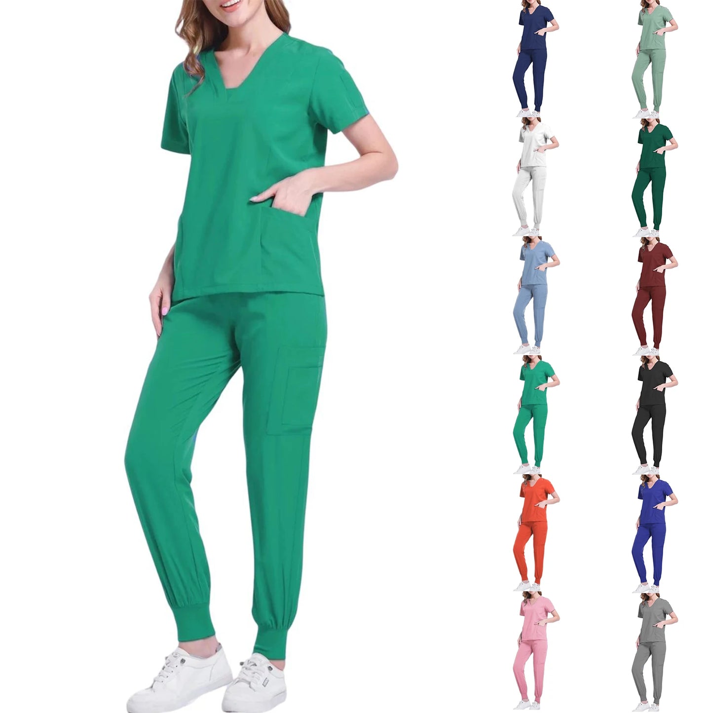 Women's Nurse Scrub Set V Neck Short Sleeve Multiple Pockets Medical Uniform