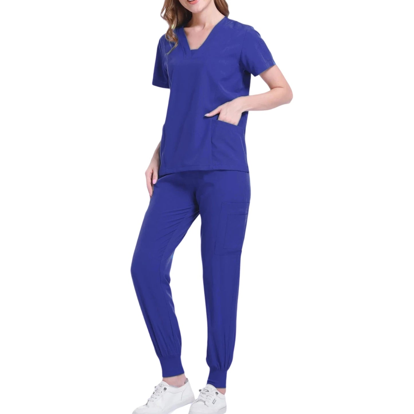 Women's Nurse Scrub Set V Neck Short Sleeve Multiple Pockets Medical Uniform