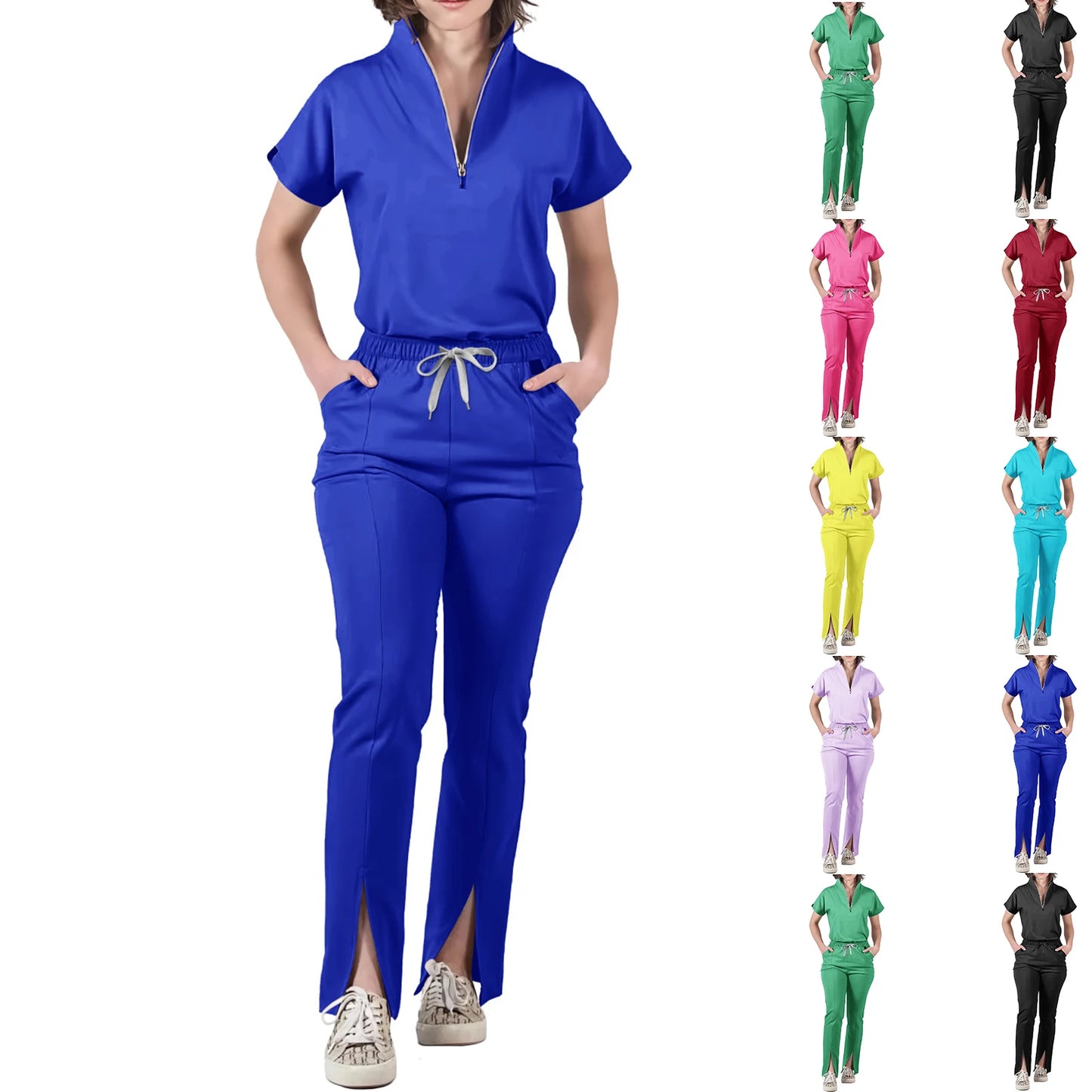 Nurse Scrub Set V-Neck Half Zip Short Sleeve Professional Workwear