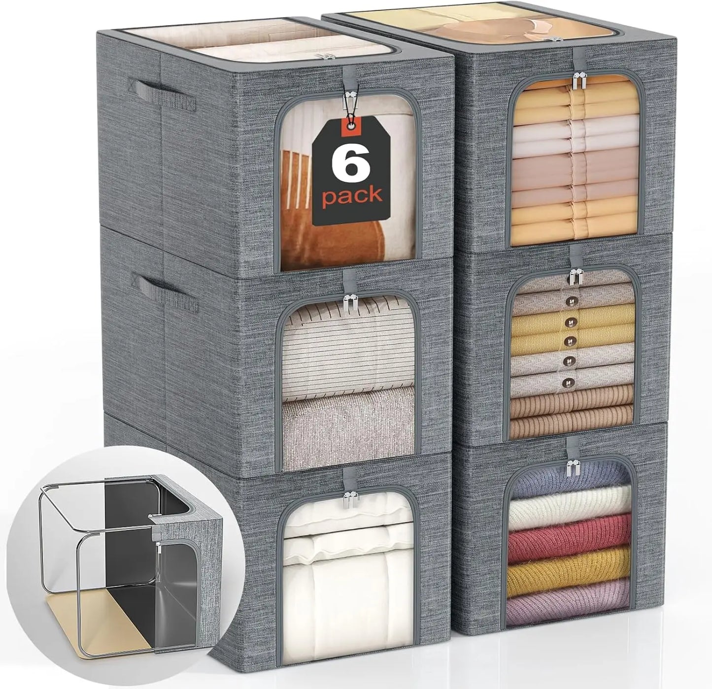 6 Pack Stackable Storage Bins With Clear Window And Lid