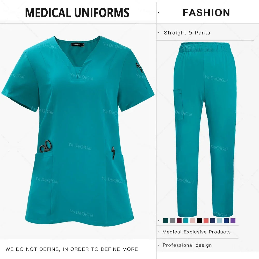 Unisex Nursing Scrubs Sets Medical Uniforms Doctor Nurse Tops Pants