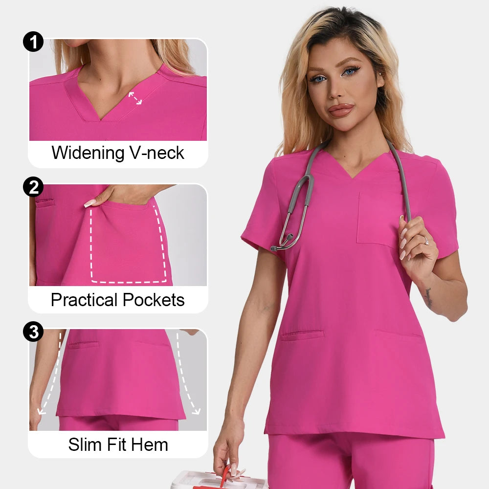 NONECN Scrub Set Women Nurse Uniform Jogger Top Pants Pockets