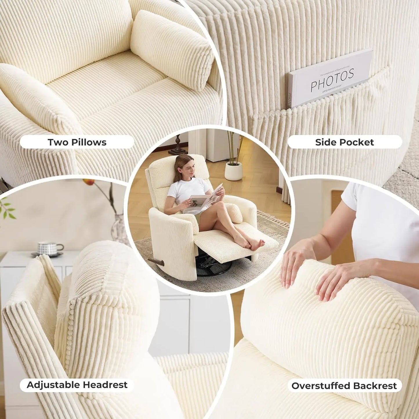 Swivel Rocker Recliner With Massage And Heat Adjustable Headrest Manual
