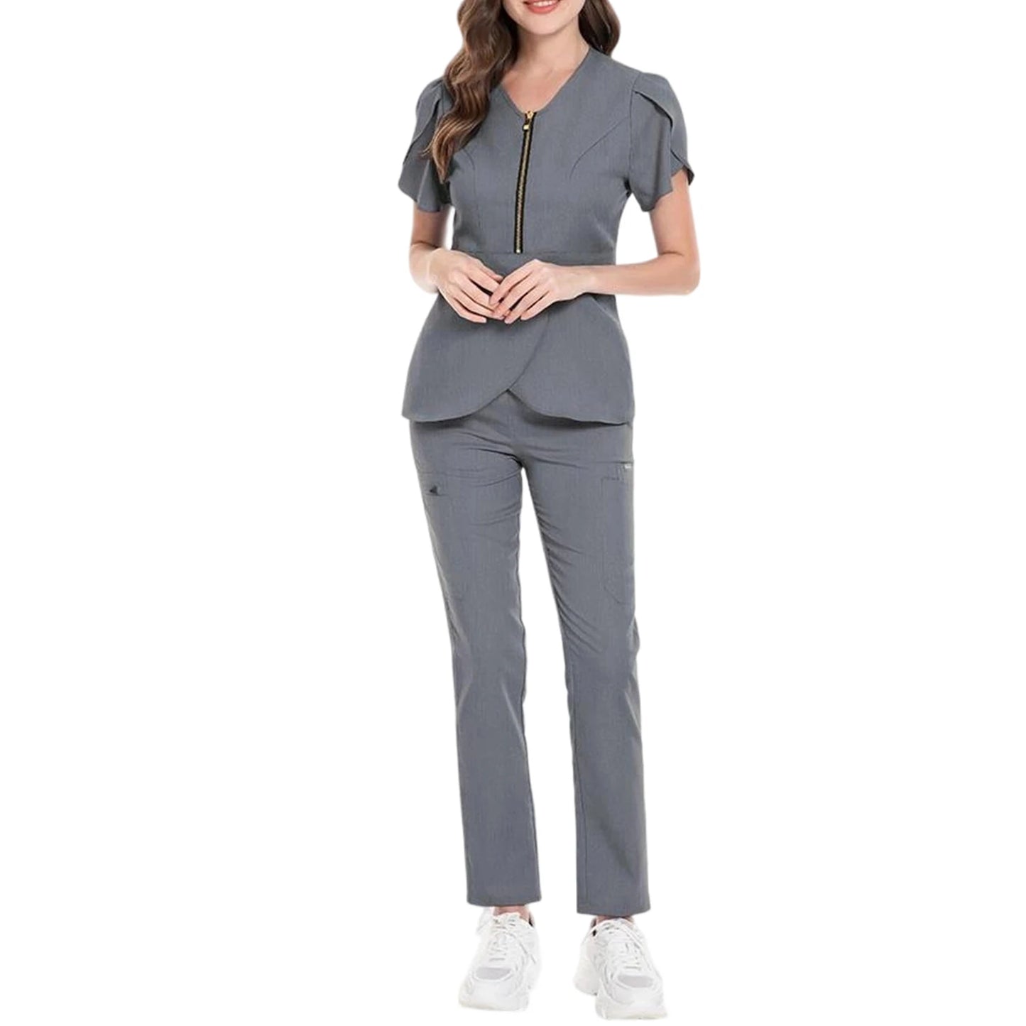 Nurse Scrub Set V Neck Zip Short Sleeves Long Pants