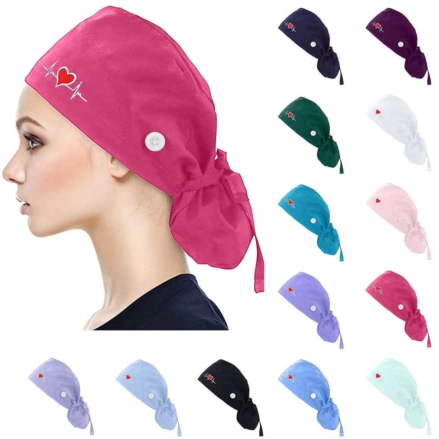 Eillysevens Scrub Cap With Buttons Bouffant Print Sweatband Unisex Hat