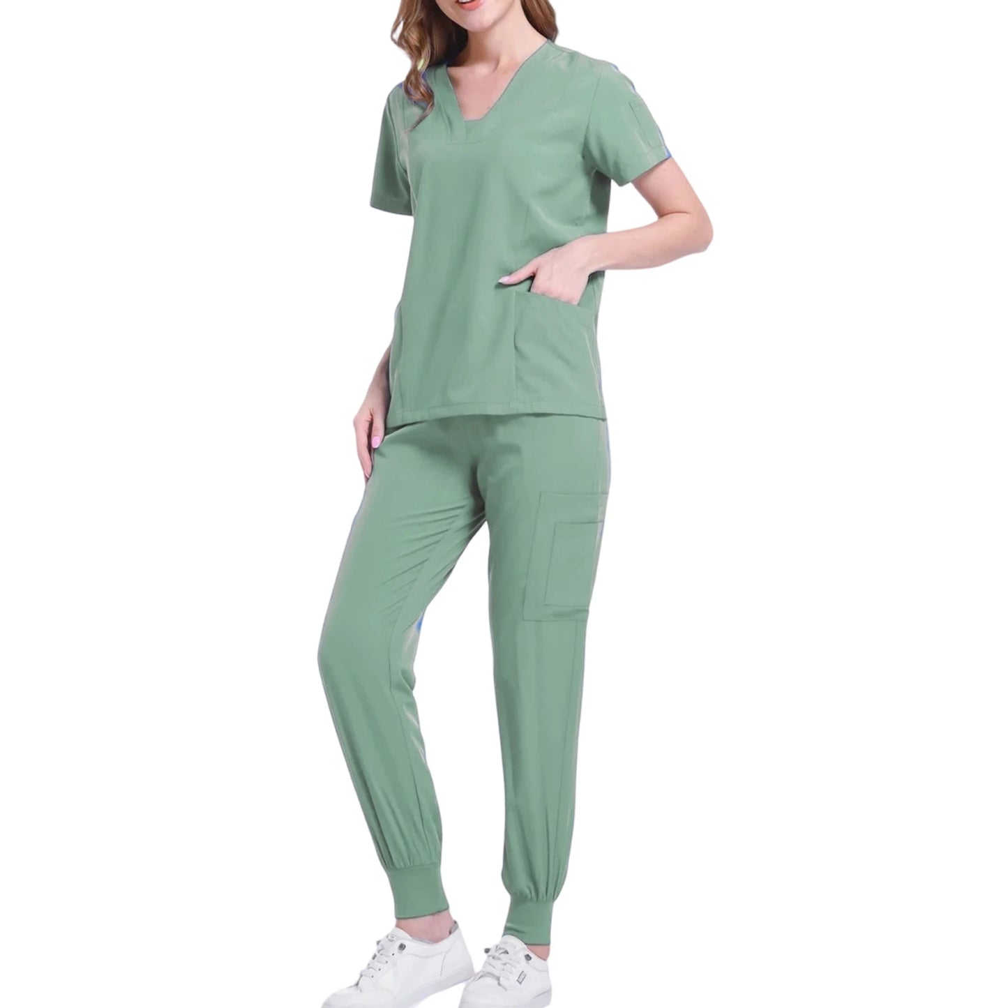 Women's Nurse Scrub Set V Neck Short Sleeve Multiple Pockets Medical Uniform