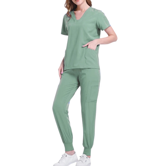 Women's Nurse Scrub Set V Neck Short Sleeve Multiple Pockets Medical Uniform