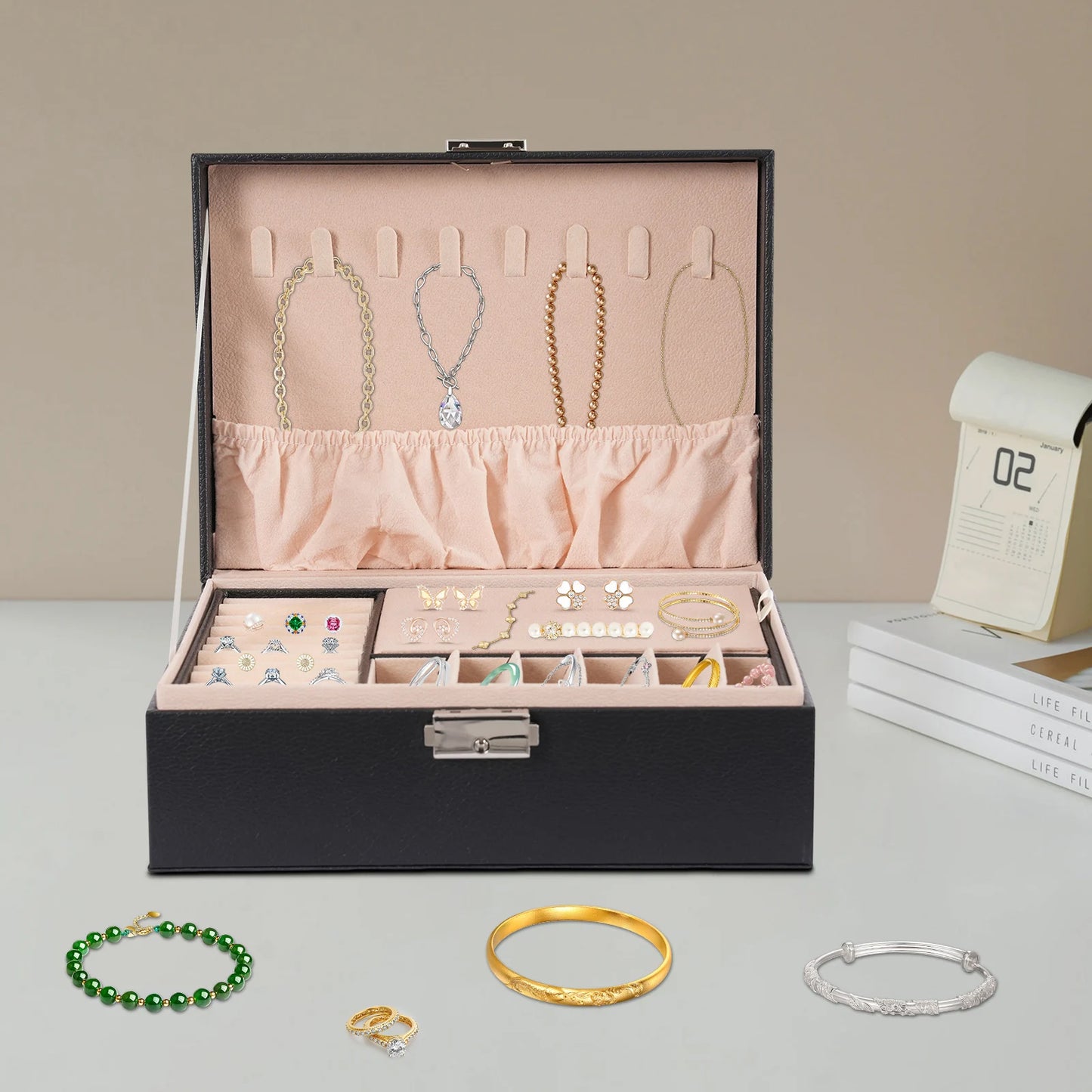 Double Layer PVC Jewelry Box With Velvet Interior And Divider