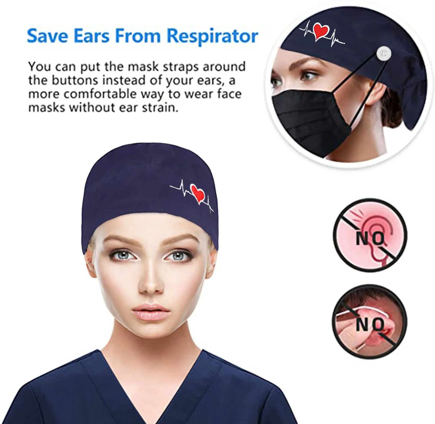 Eillysevens Scrub Cap With Buttons Bouffant Print Sweatband Unisex Hat