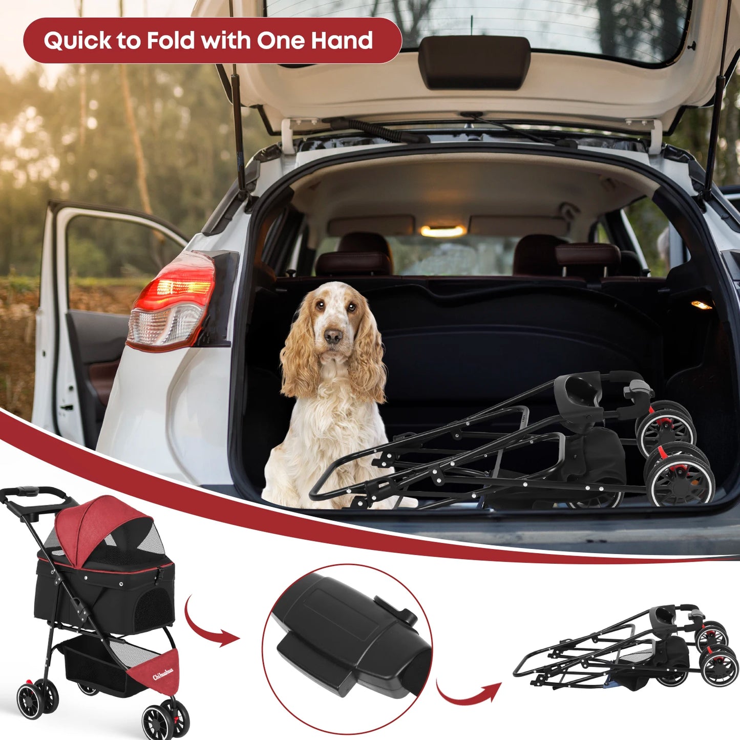 Chihuahua Pet Stroller For Small And Medium Dogs 3-Wheel Foldable
