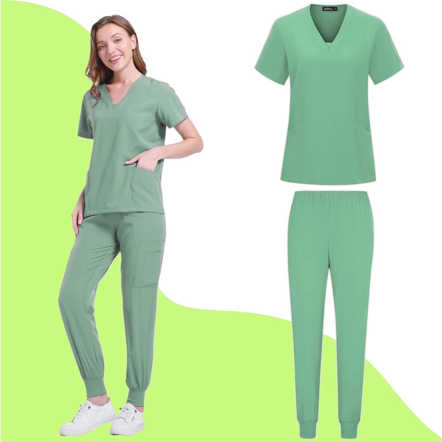 Women's Nurse Scrub Set V Neck Short Sleeve Multiple Pockets Medical Uniform