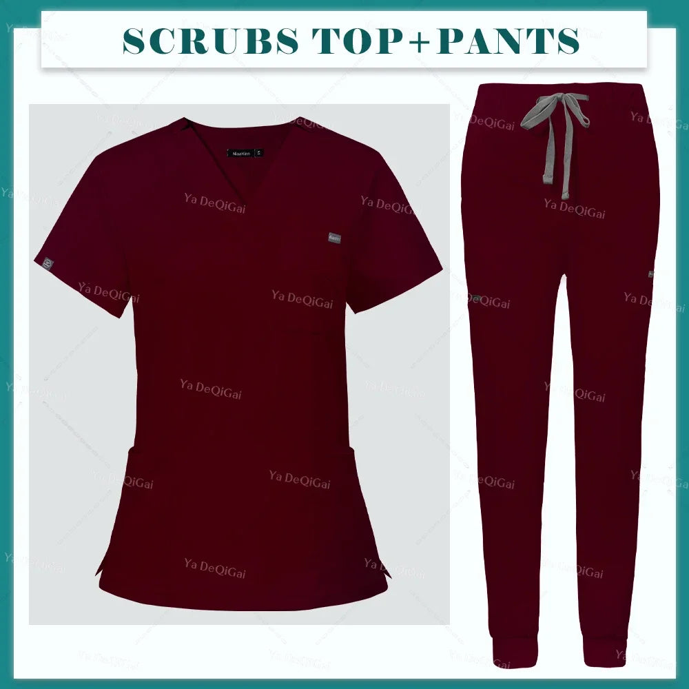 Scrubs Uniform Set Short Sleeve V Neck Top Jogger Pants