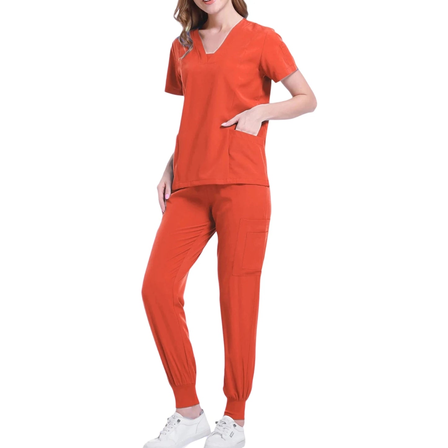 Women's Nurse Scrub Set V Neck Short Sleeve Multiple Pockets Medical Uniform