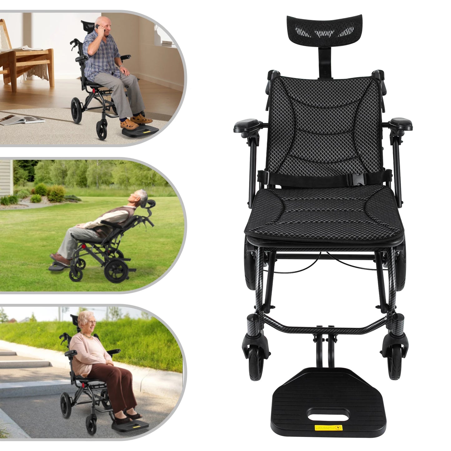 Folding Transport Wheelchair Reclining With Adjustable Headrest