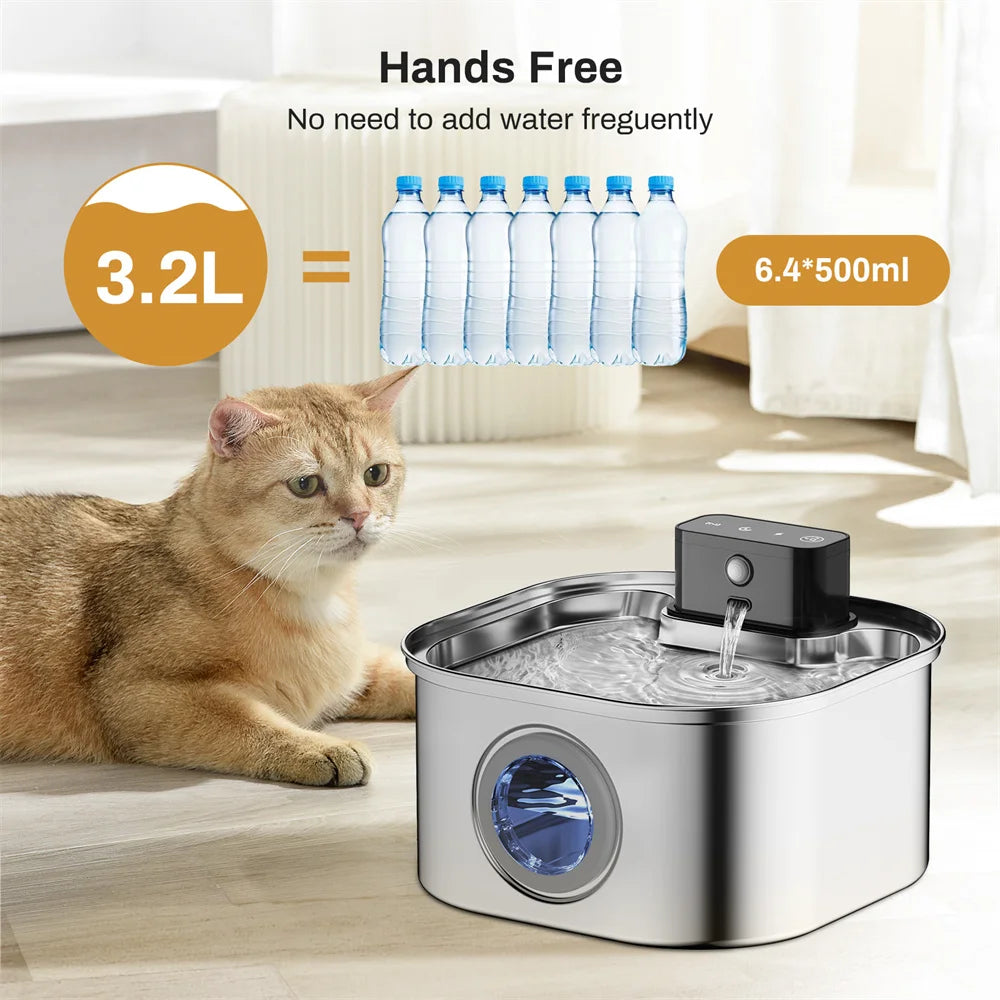 Wireless Stainless Steel Pet Water Fountain 3.2L Motion Sensor