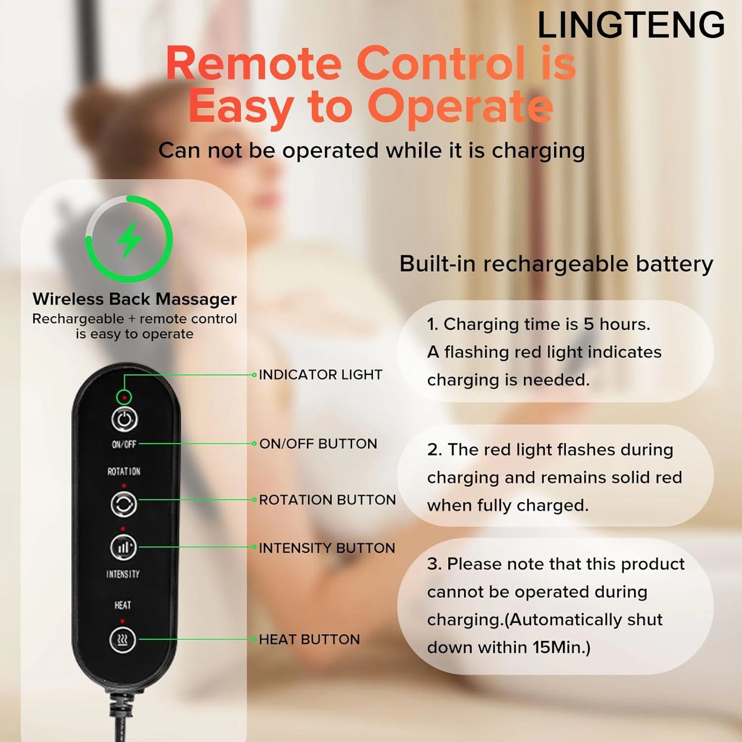 Lingteng Wireless Neck Back Shoulder Massager USB Rechargeable Deep Tissue