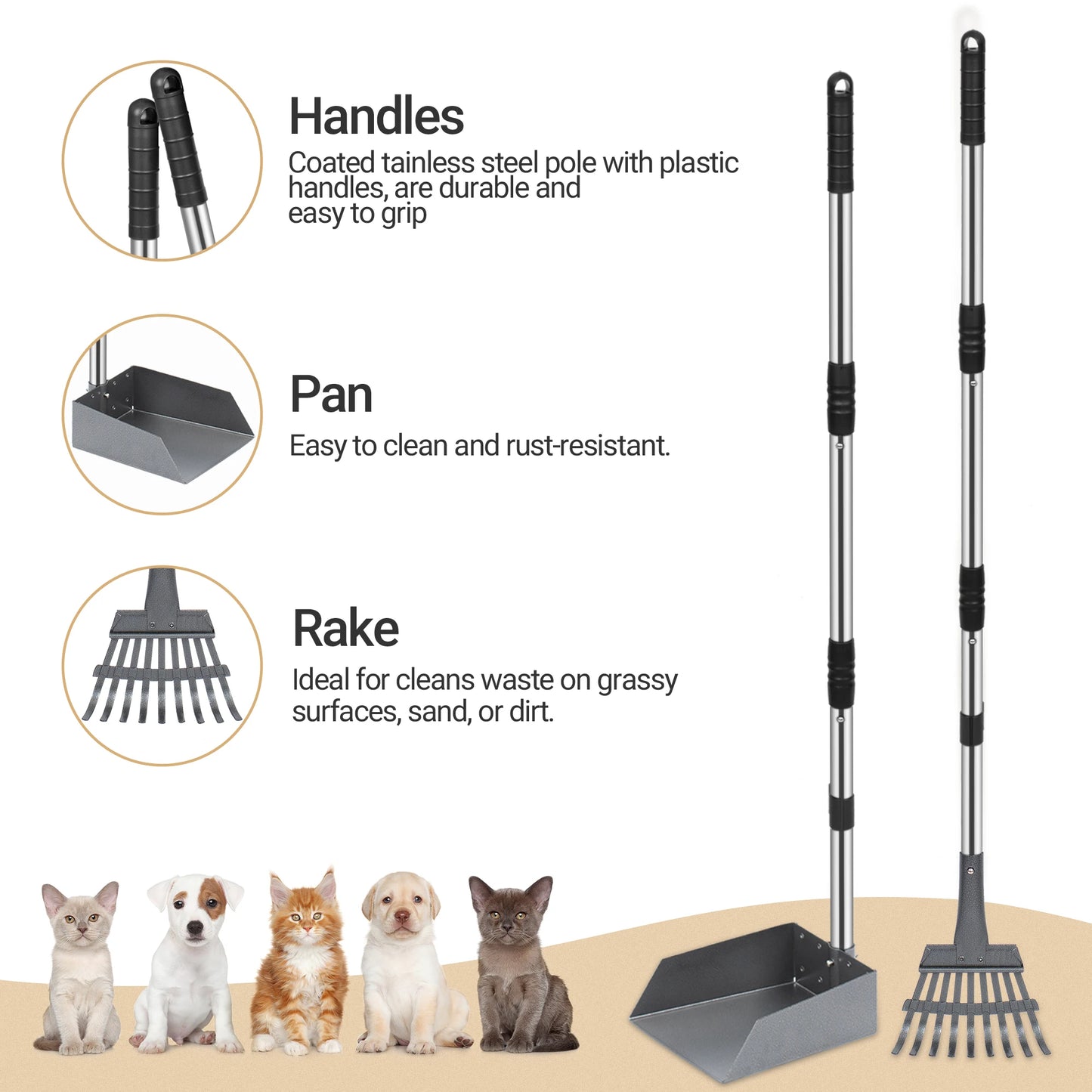 Dog Pooper Scooper Set With Long Adjustable Stainless Handles