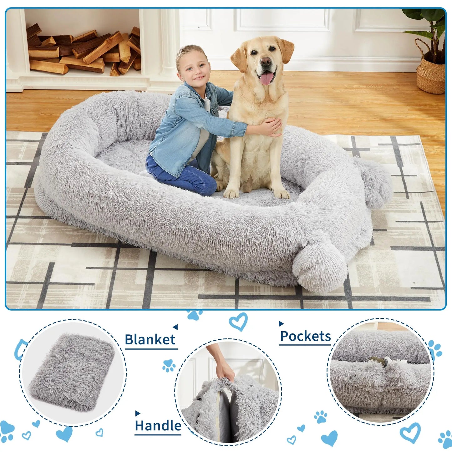 HiMISS Dog Bed for Adults With Removable Cover Matching Blanket and Pockets