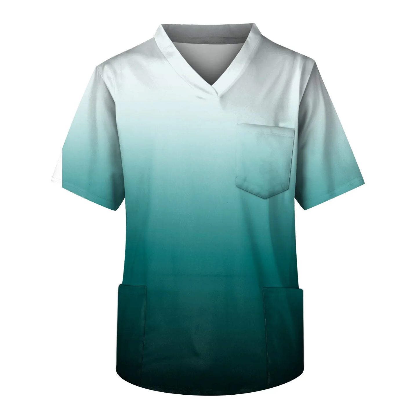 Eillysevens Nurse Uniform Top Gradient Print V Neck Chest Pocket Breathable
