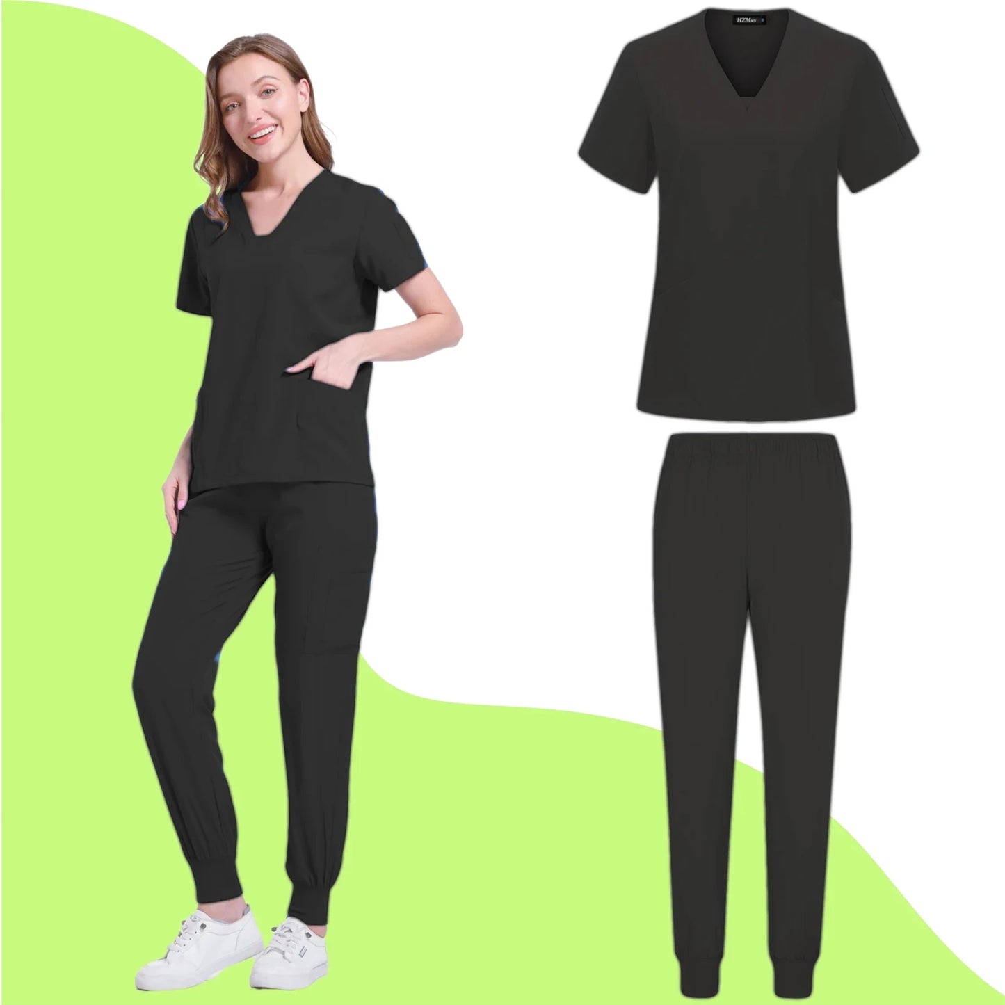 Women's Nurse Scrub Set V Neck Short Sleeve Multiple Pockets Medical Uniform