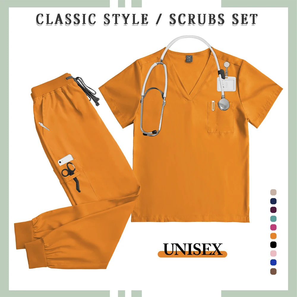 NONECN Surgery Scrubs Set Women Short Sleeve Top Pants Medical Uniform