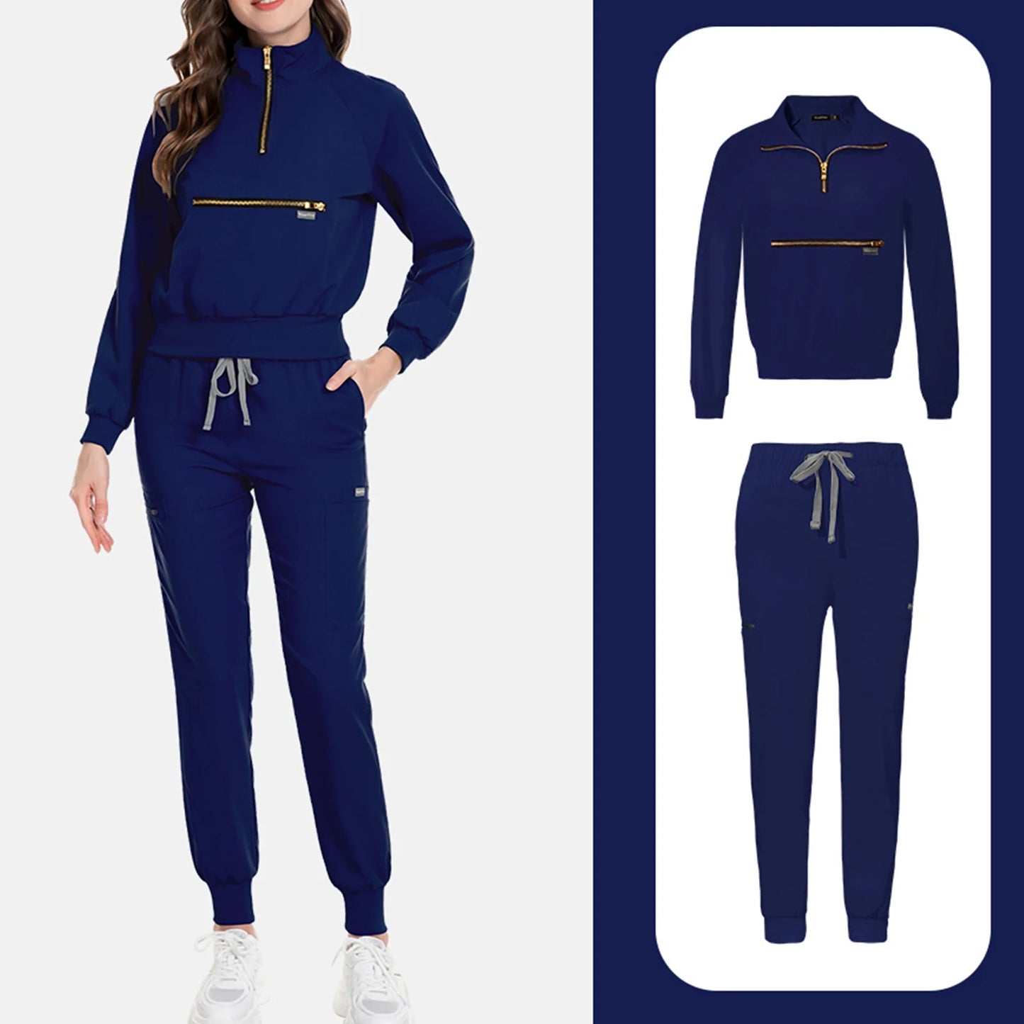 Nurse Scrub Set Stand Collar Zip Long Sleeve Pocket Workwear