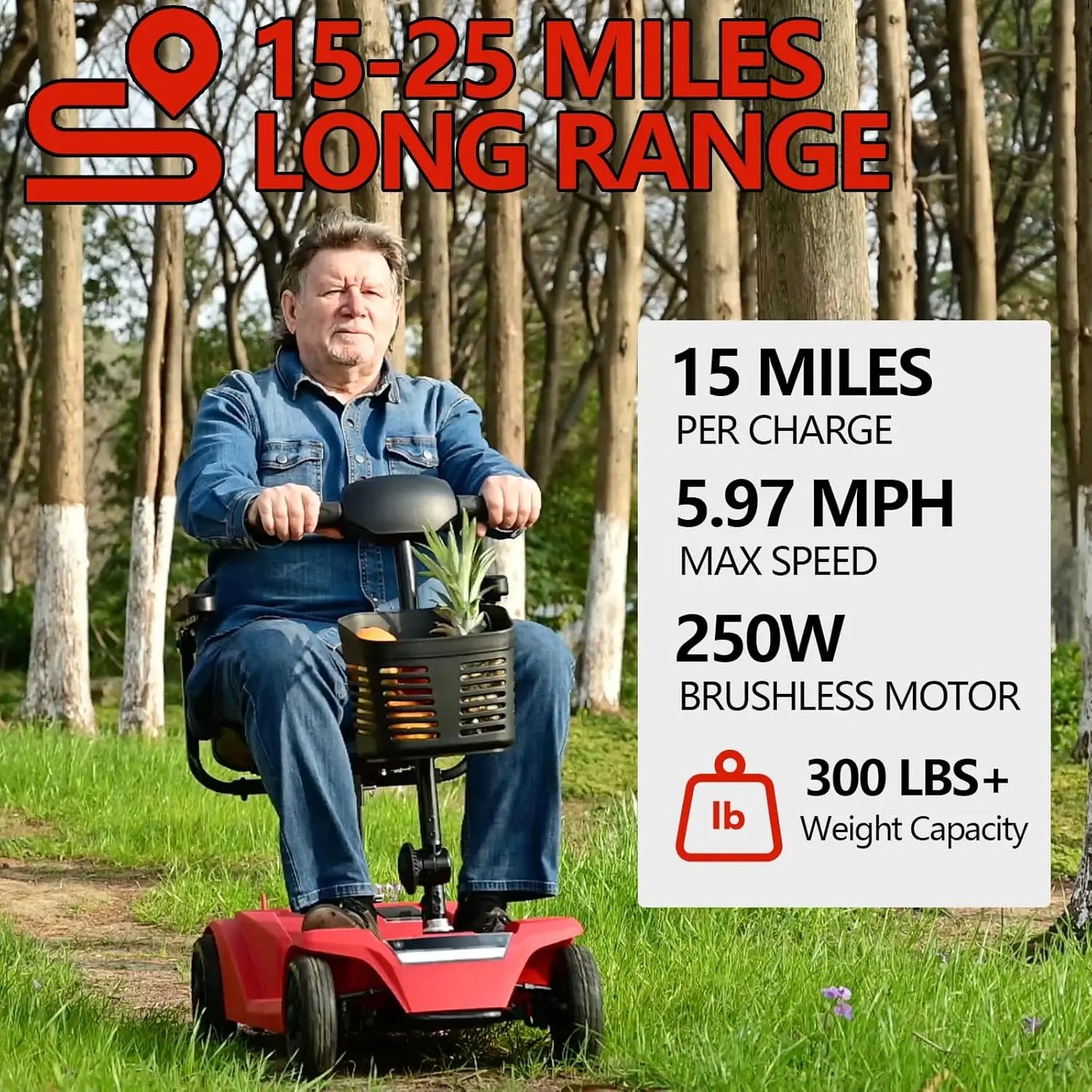 Long Range Mobility Scooter 15 Mile Range 300 Lb Capacity