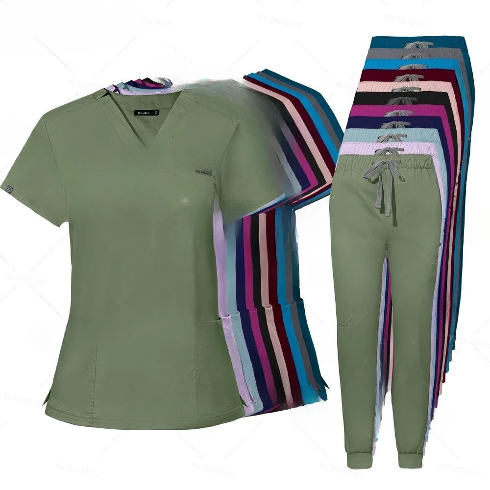 Scrubs Uniform Set Short Sleeve V Neck Top Jogger Pants