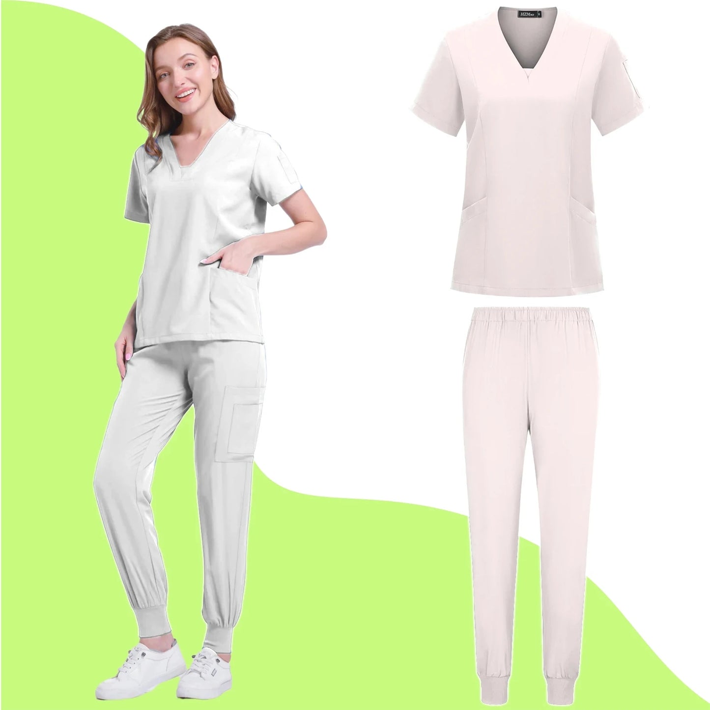Women's Nurse Scrub Set V Neck Short Sleeve Multiple Pockets Medical Uniform