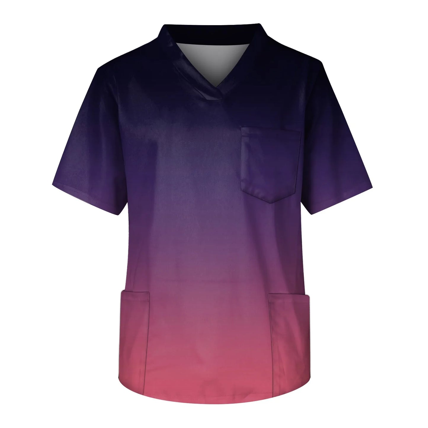 Eillysevens Nurse Uniform Top Gradient Print V Neck Chest Pocket Breathable