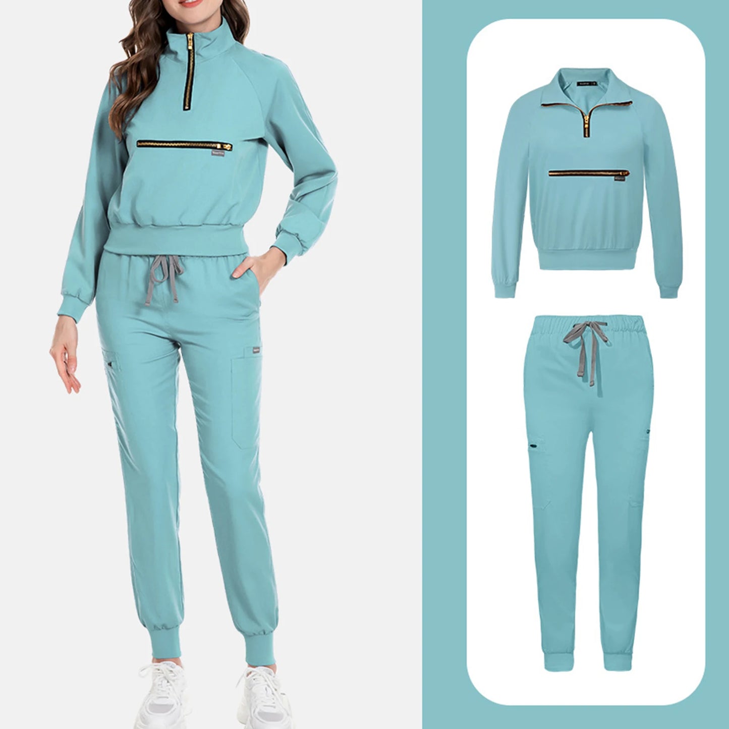 Nurse Scrub Set Stand Collar Zip Long Sleeve Pocket Workwear