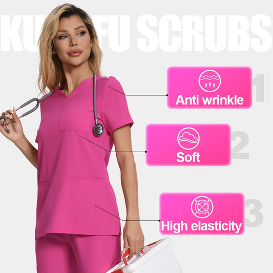 NONECN Scrub Set Women Nurse Uniform Jogger Top Pants Pockets