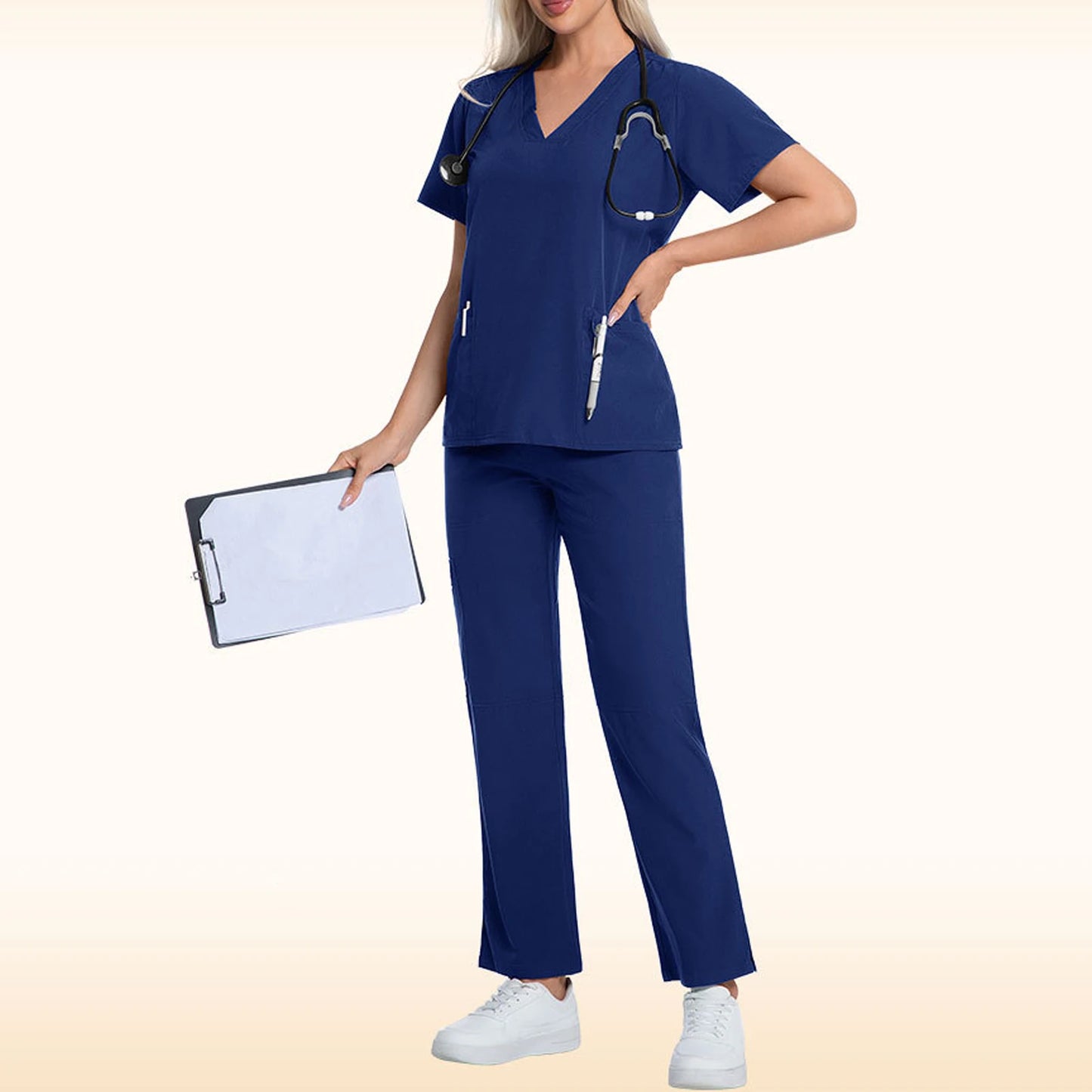 Nurse Scrub Set V Neck Short Sleeve Pocket Medical Uniform
