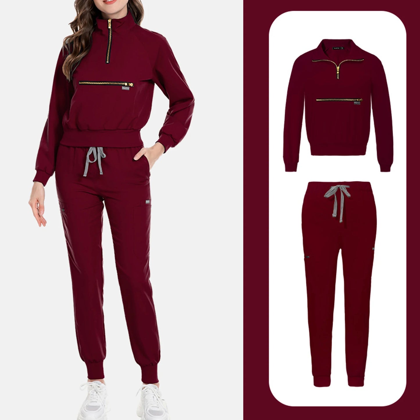 Nurse Scrub Set Stand Collar Zip Long Sleeve Pocket Workwear