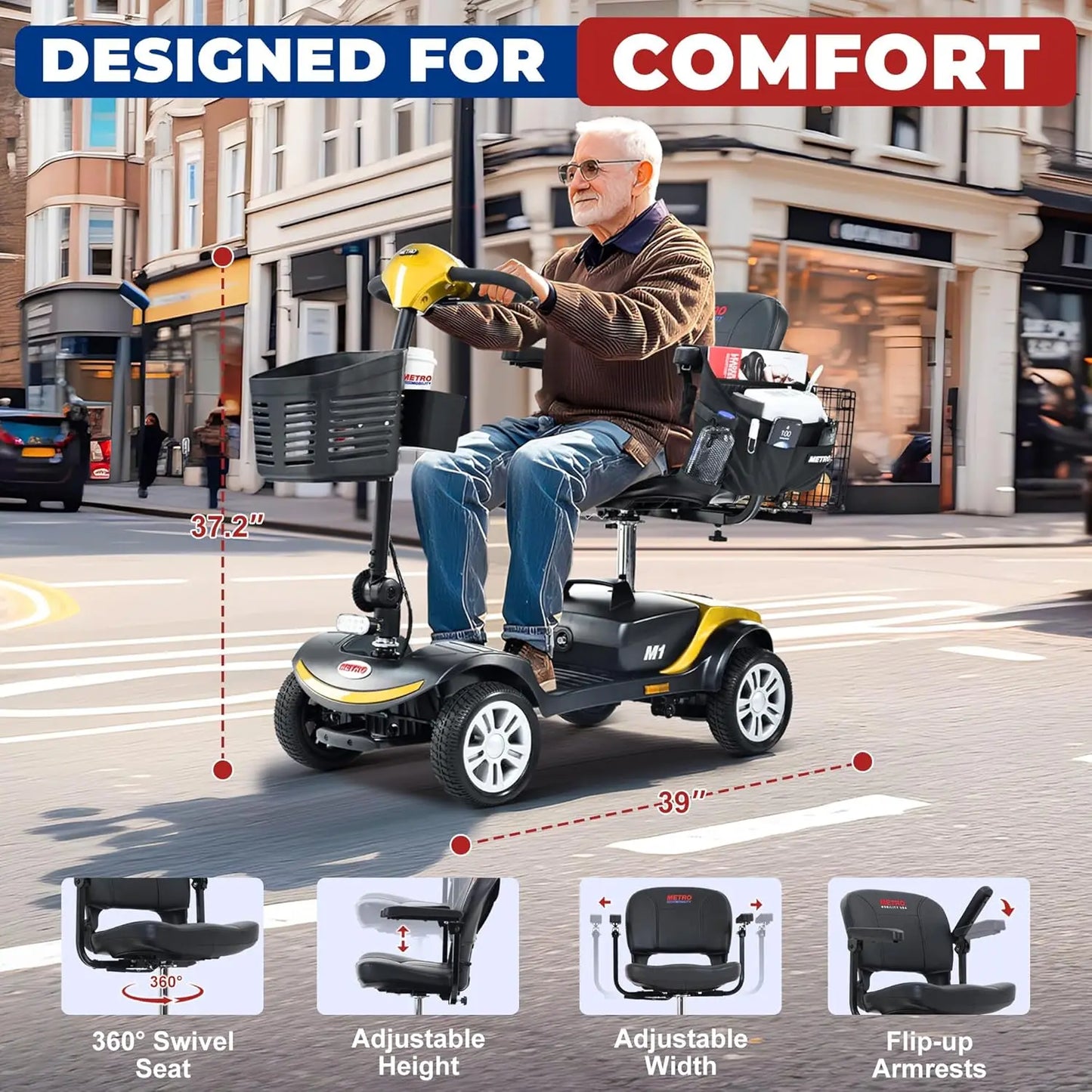4 Wheel Mobility Scooter 300 lb Capacity Folding for Adults
