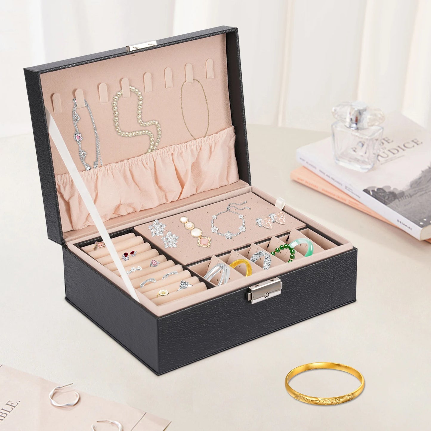 Double Layer PVC Jewelry Box With Velvet Interior And Divider