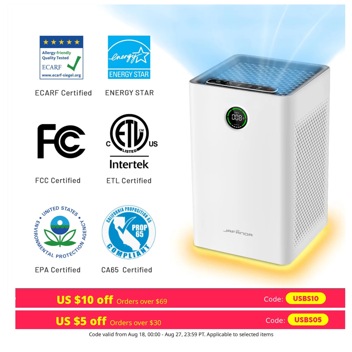 Jafända Air Purifier For Home Rooms With Smart WiFi Alexa Control True HEPA
