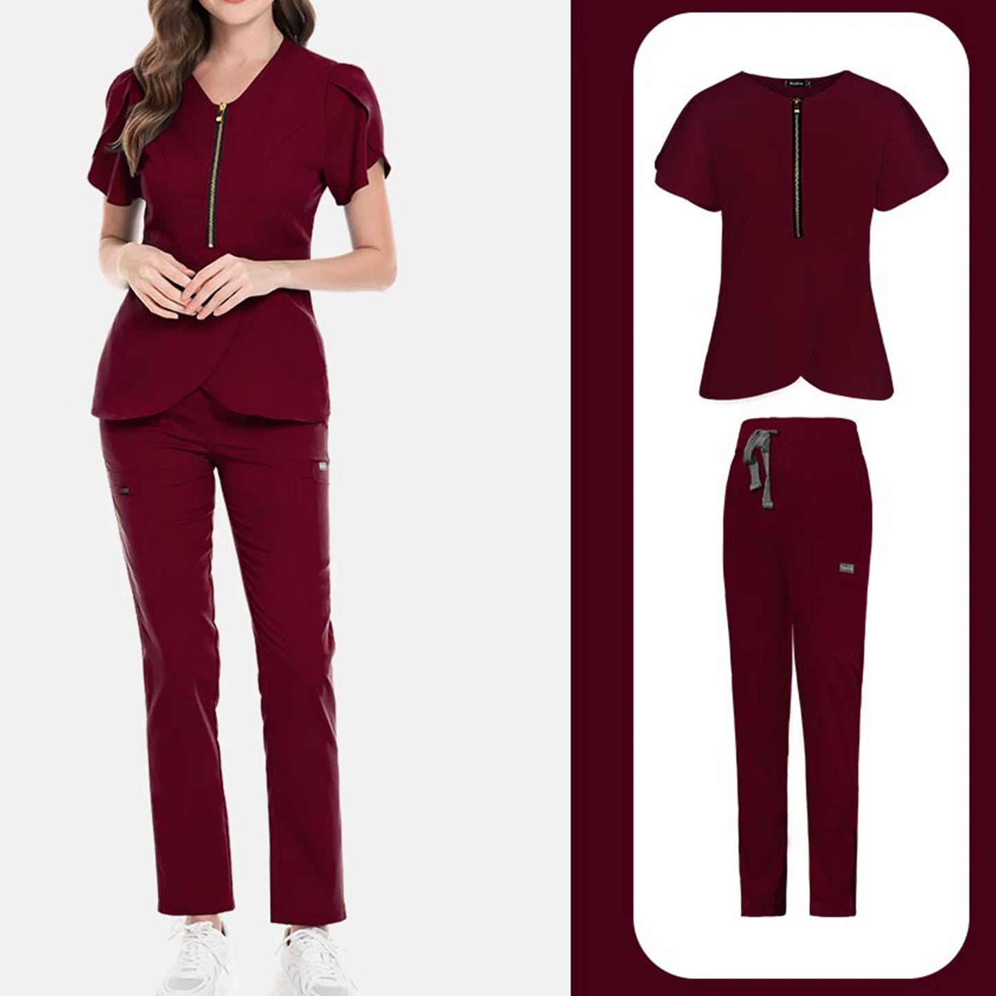 Nurse Scrub Set V Neck Zip Short Sleeves Long Pants