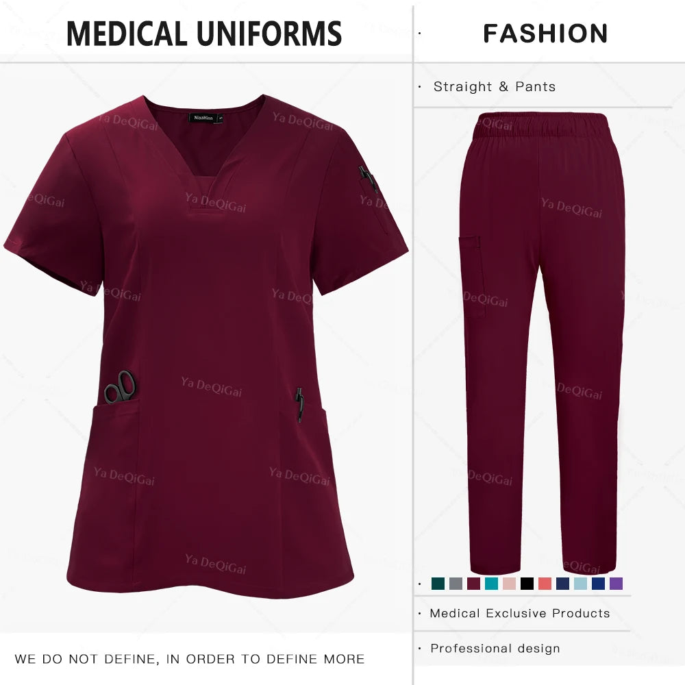 Unisex Nursing Scrubs Sets Medical Uniforms Doctor Nurse Tops Pants