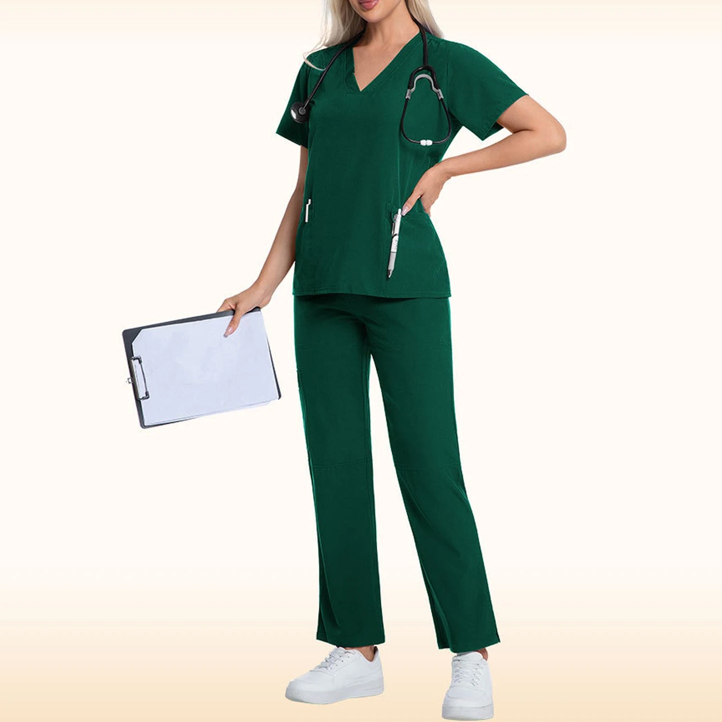 Nurse Scrub Set V Neck Short Sleeve Pocket Medical Uniform