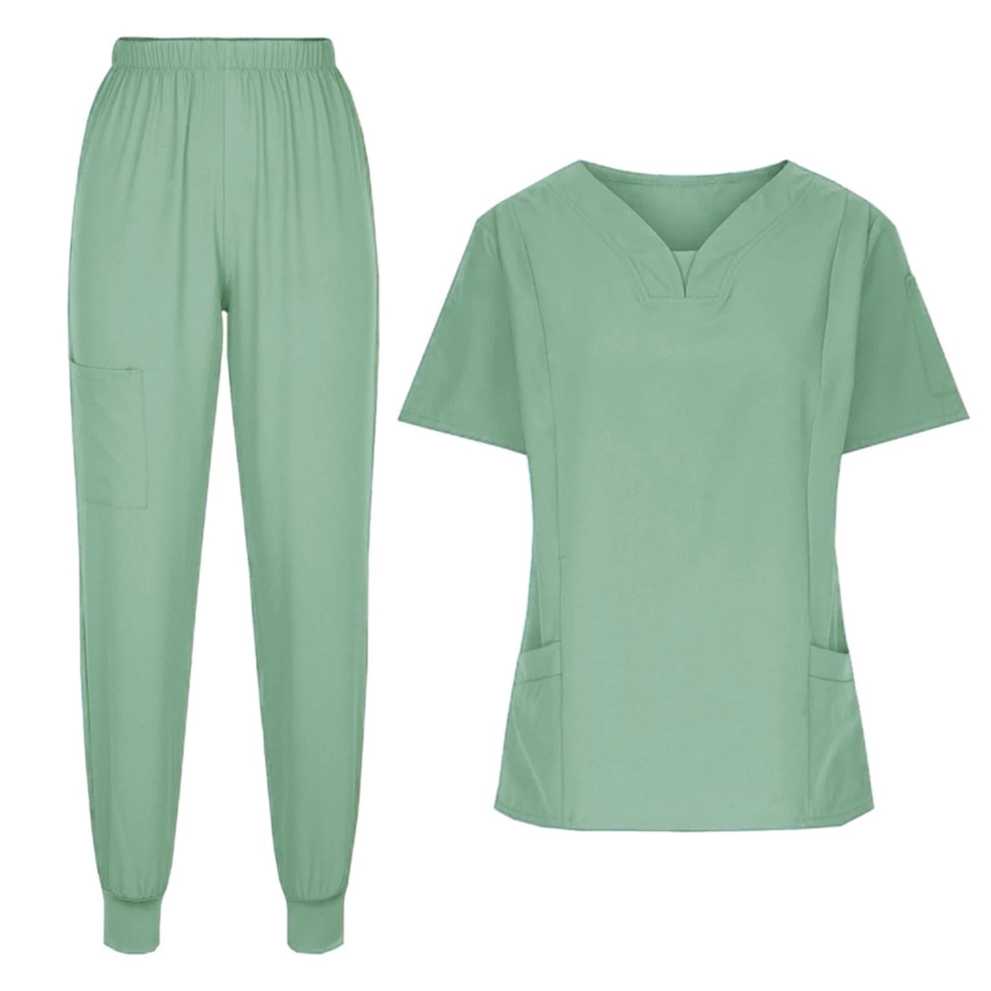 Women's Nurse Scrub Set V Neck Short Sleeve Multiple Pockets Medical Uniform