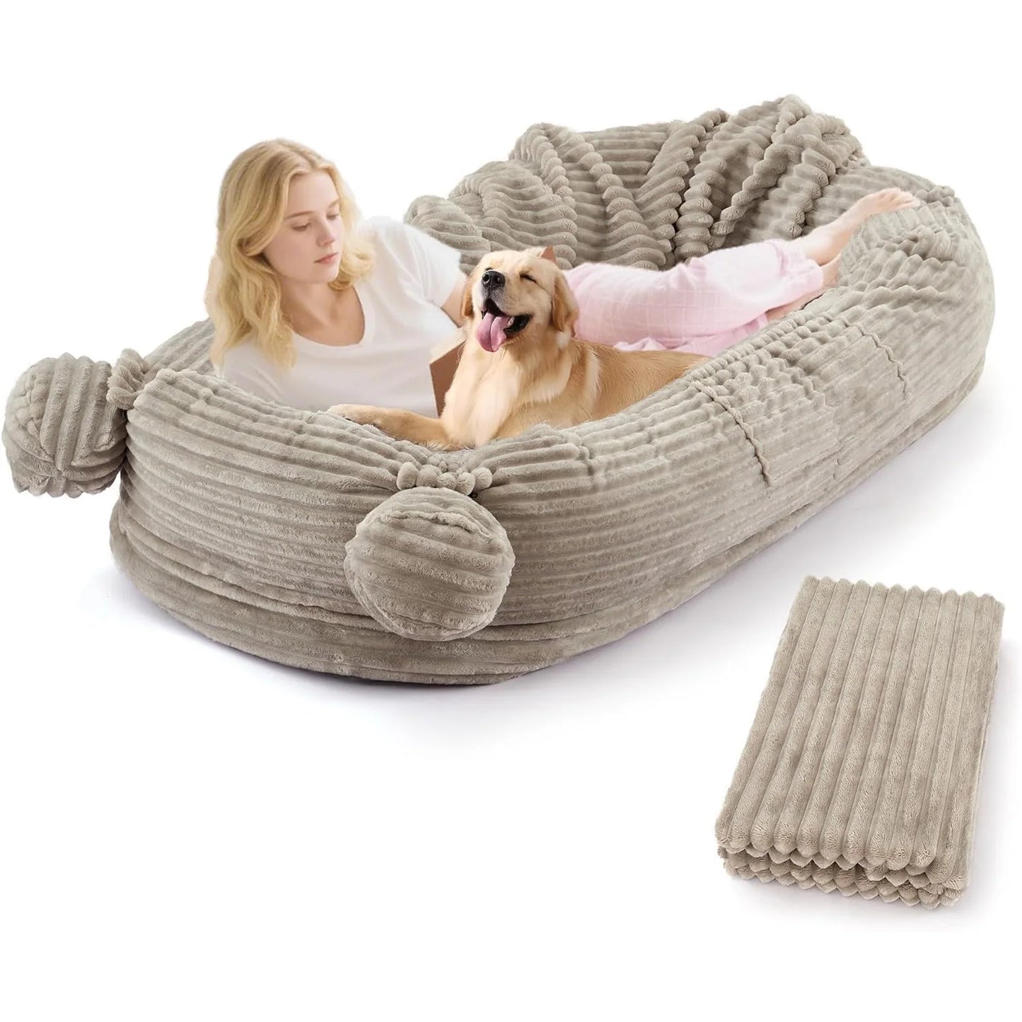 HiMISS Dog Bed for Adults With Removable Cover Matching Blanket and Pockets