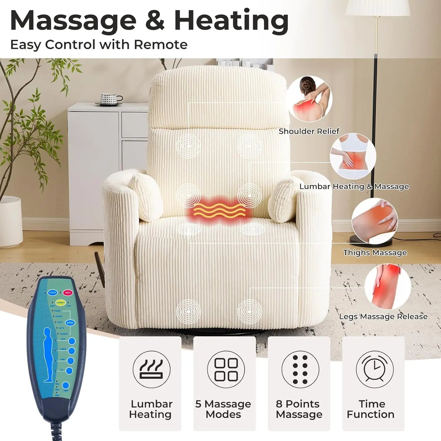 Swivel Rocker Recliner With Massage And Heat Adjustable Headrest Manual