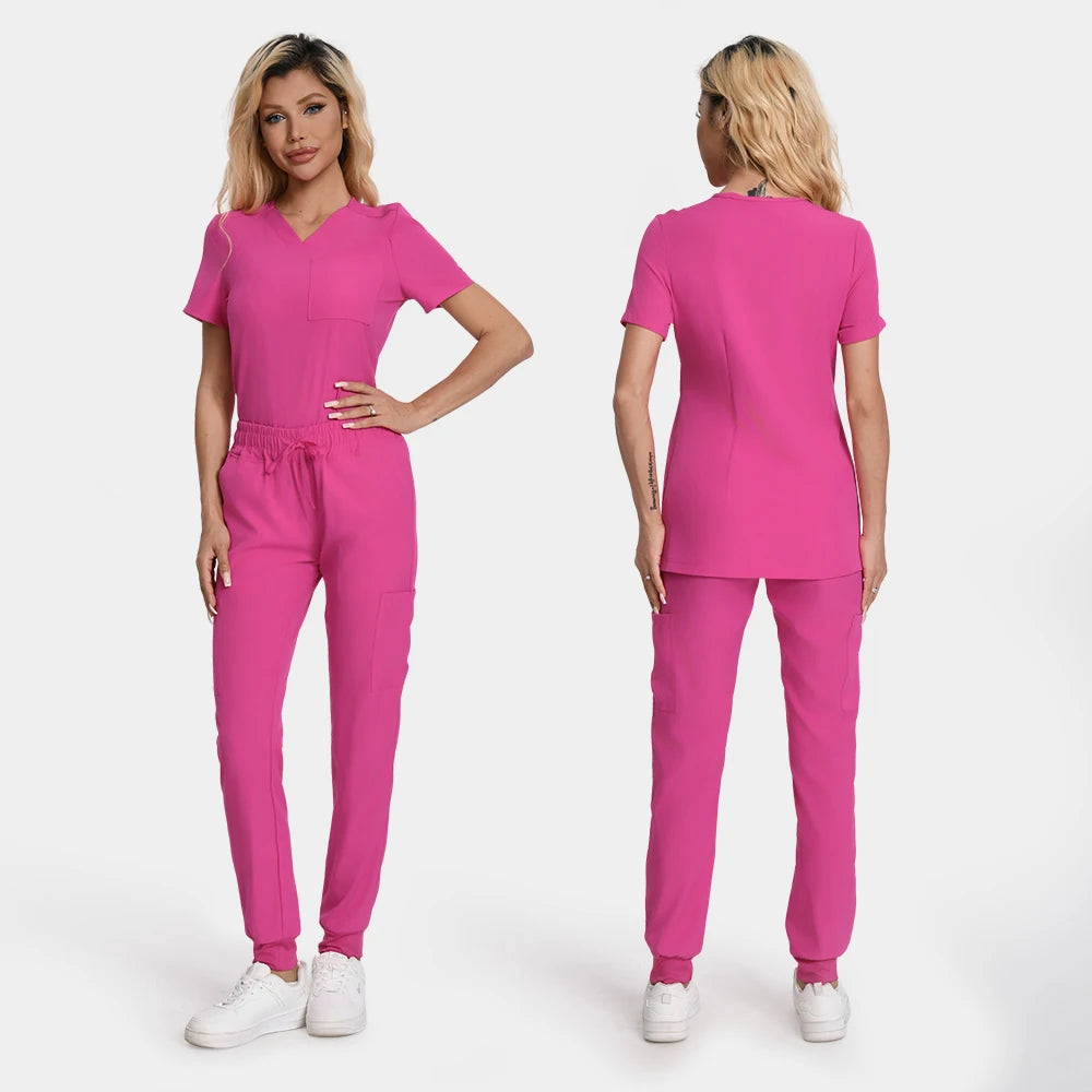 NONECN Scrub Set Women Nurse Uniform Jogger Top Pants Pockets