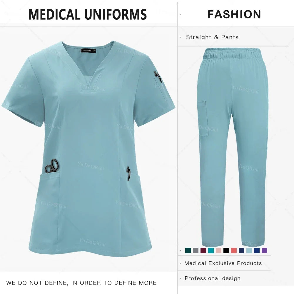 Unisex Nursing Scrubs Sets Medical Uniforms Doctor Nurse Tops Pants