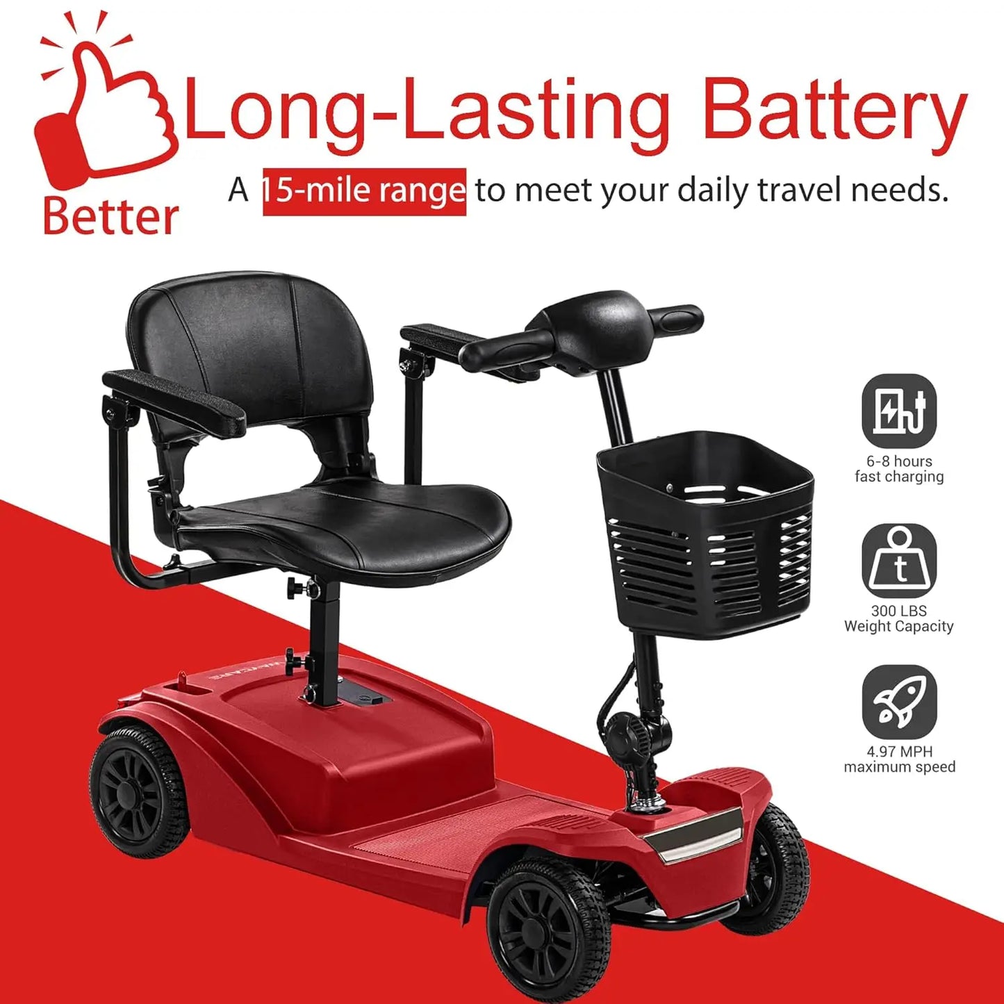 Long Range Mobility Scooter 15 Mile Range 300 Lb Capacity