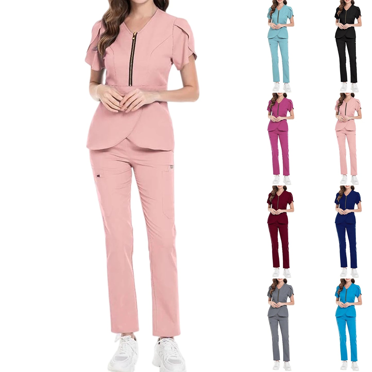 Nurse Scrub Set V Neck Zip Short Sleeves Long Pants