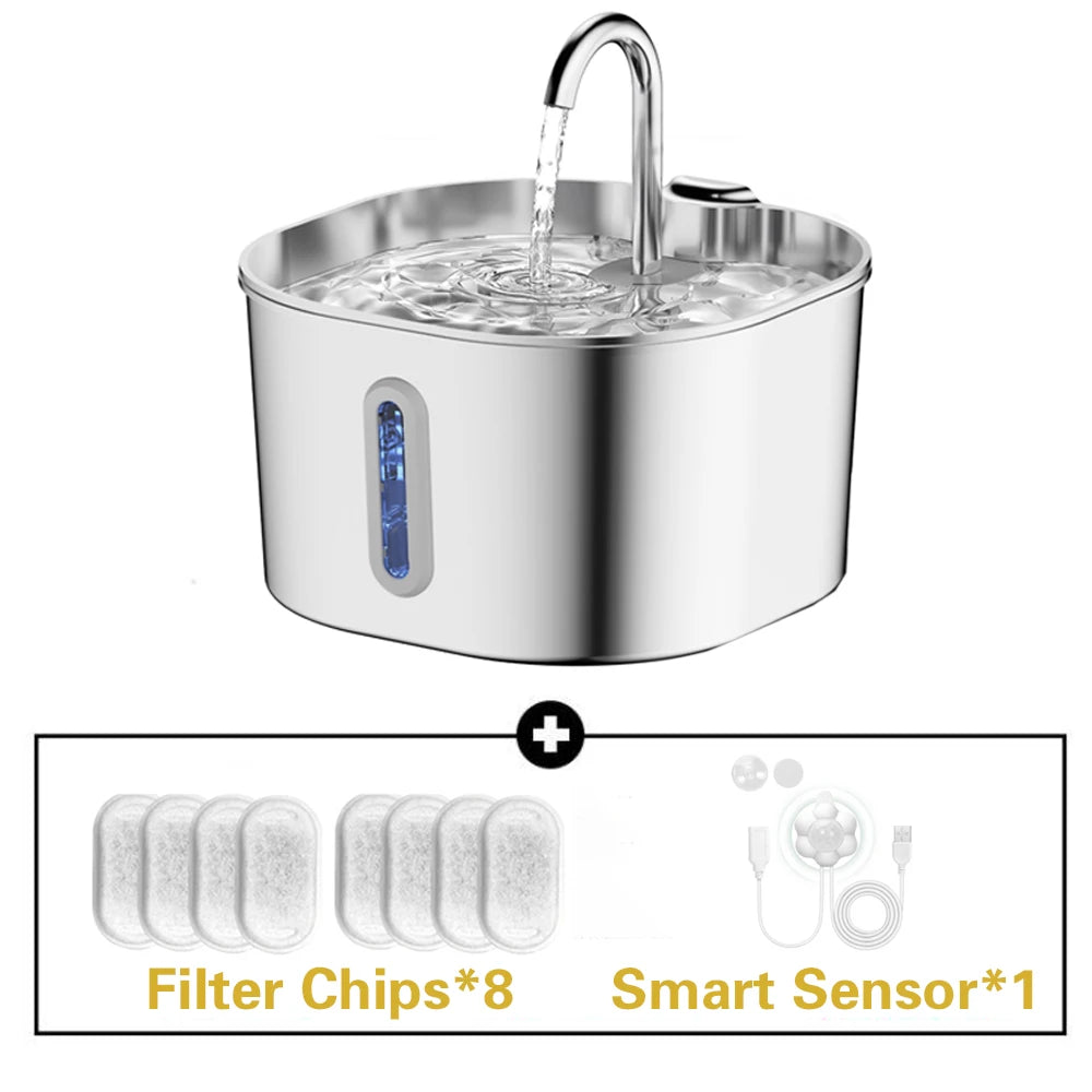 Stainless Steel Cat Water Fountain With LED Window Silent Flow