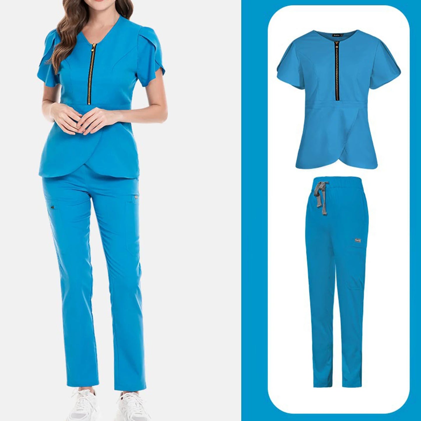 Nurse Scrub Set V Neck Zip Short Sleeves Long Pants